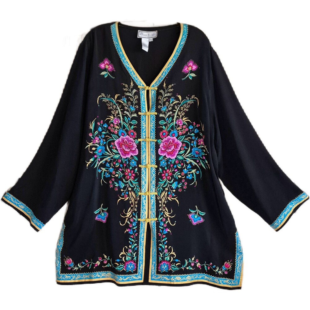 Diane Gilman Women's Silk Top Size 2X Black Floral Kimono Style Sequins Bling